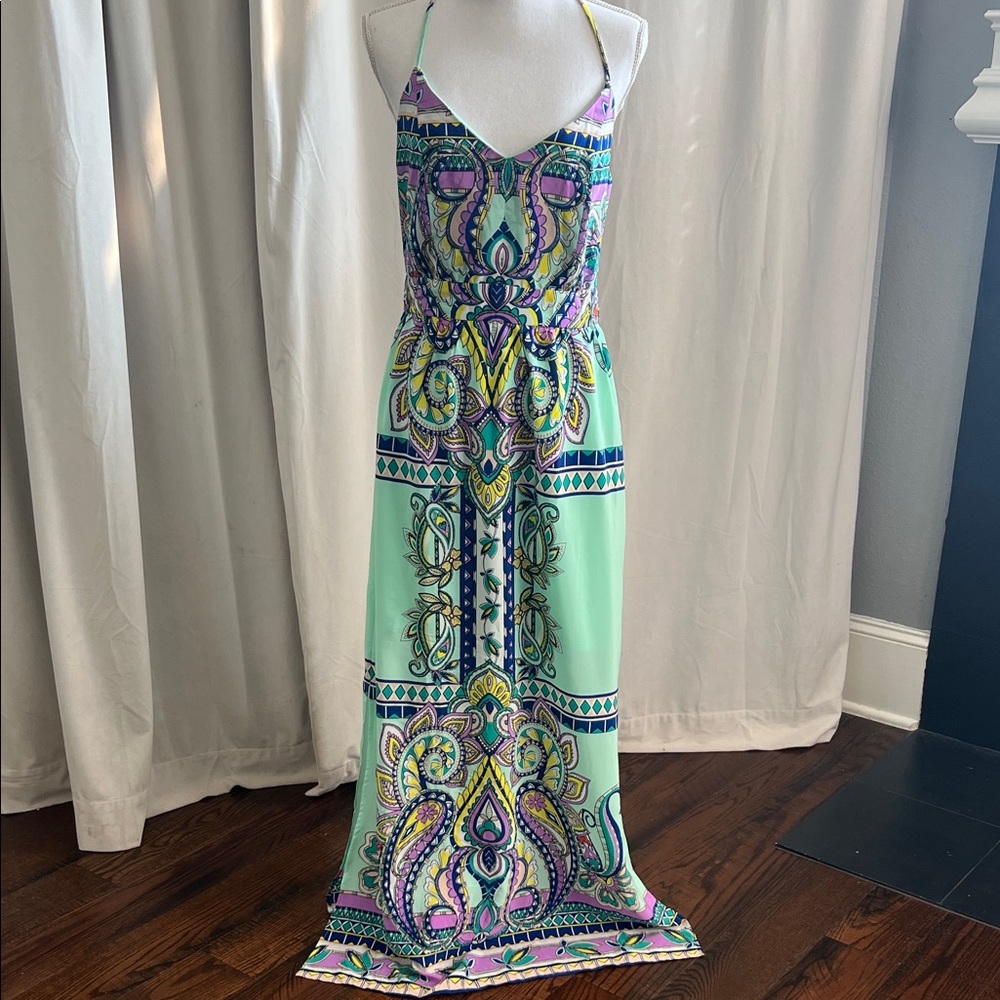 Aina Be Mint Green Paisley Print Maxi Dress with Purple & Yellow Accents